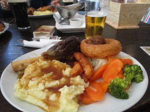 Lamb with potatos and gravy, chips, veggies, Yorkshire pudding, stuffing and a cider - Birmingham