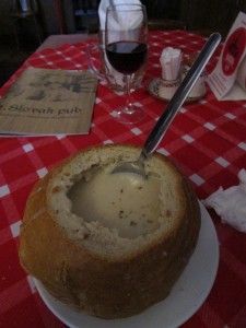 Garlic soup in bread bowl