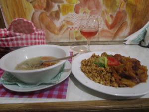 Hungarian rich chicken soup & traditional Hungarian lecho served with egg barley - Budapest