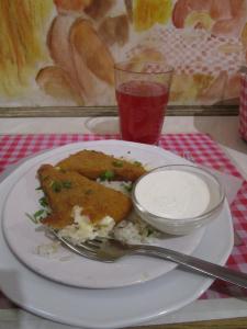 Breaded cheese with rice and tartar sauce and a glass of homemade raspberry soda - Budapest